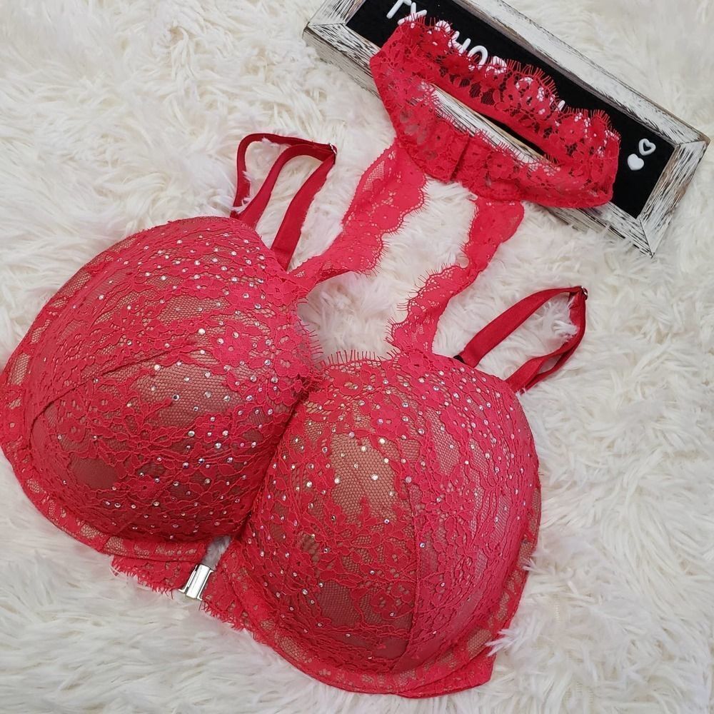 32 DDD Victoria's Secret Red High Neck Embellished Push Up Bra NWT